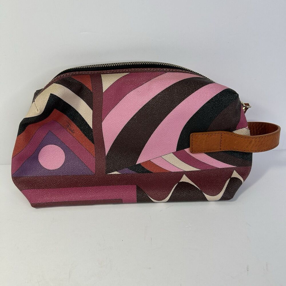 EMILIO PUCCI Vintage Cosmetic Makeup Bag Pouch Geometeri Print Leather Trim Pink